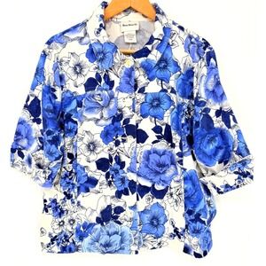 BonWorth VTG Womens Blue White Floral Button Down Shacket 3/4 Sleeve Stretch Med
